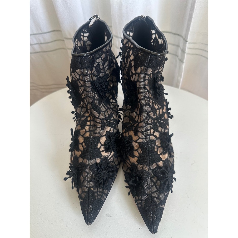 Zara Woman Black Floral Lace Applique Ankle Boots Pointed Toe Stiletto 41